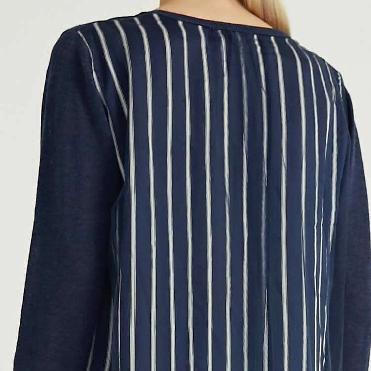 Blue Crew Neck Back Striped Tulle Design Knitted Pullover Women Knit Sweater