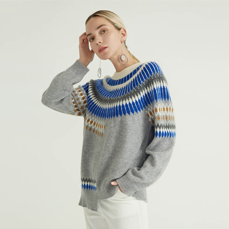 Vintage Embroidered Knitted Color block Knitted Women Sweater Pullover