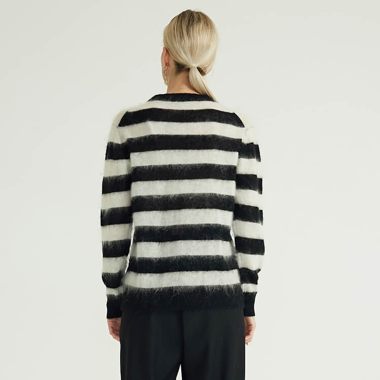 Long Sleeve Round Neck Crew Neck Casual Women\'s Knitted Custom Striped Mohair Sweater 