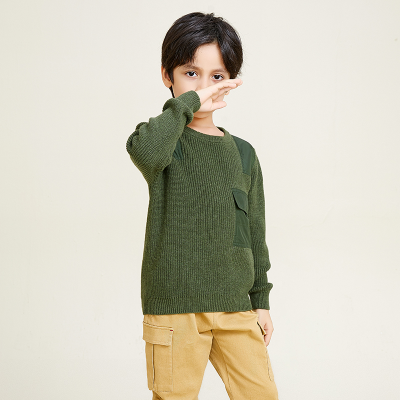 Boys Long Sleeve Crew Neck Knit Pullover Green Pocket Sweater