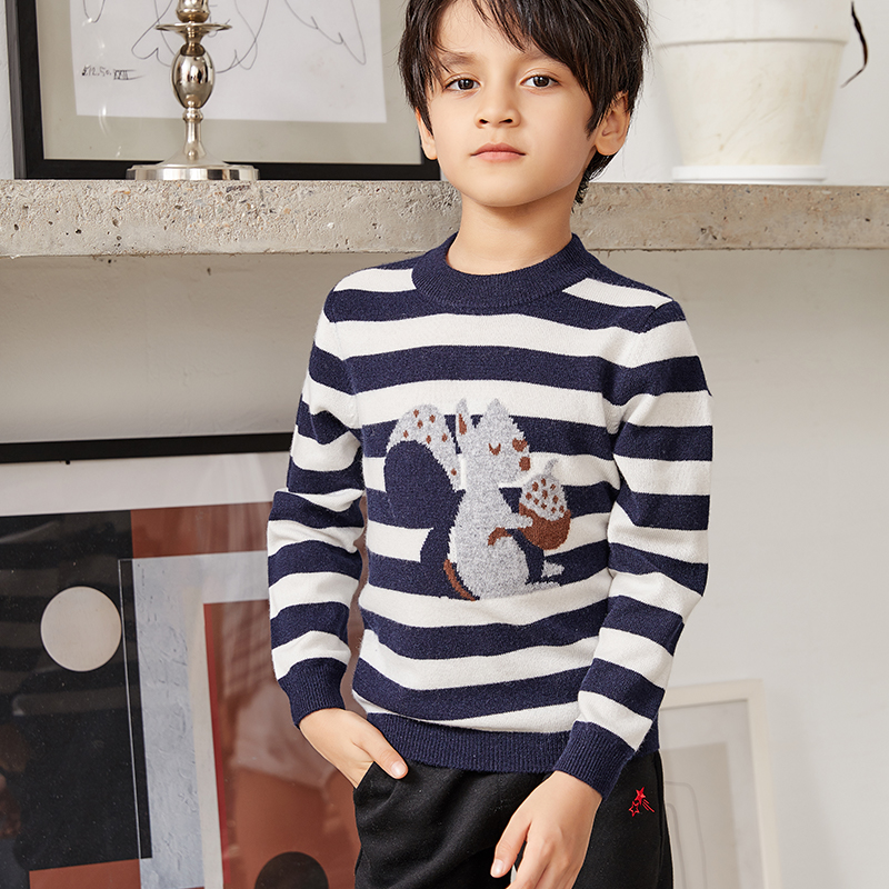 Striped Knit Squirrel Embellished Long Sleeve Pullover Boys Sweater