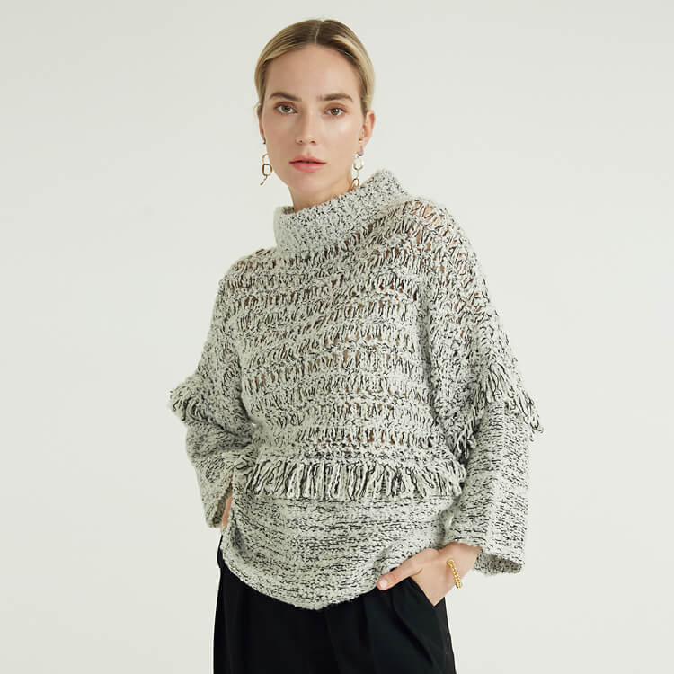 Half Turtleneck Fringed Minimalist Design Knitted Pullover Woman's Sweater