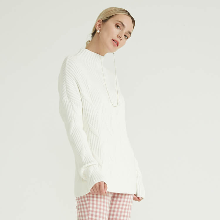 Factory White Long Sleeve High Collar Rib Chunky Woman's Sweaters For Women