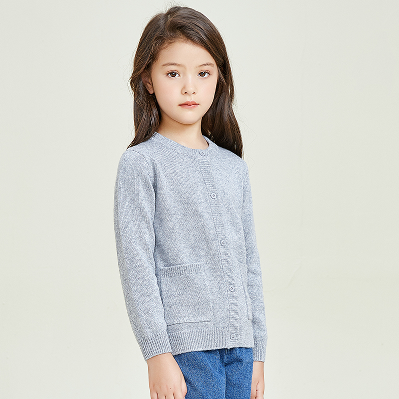 Classic Long Sleeve Round Neck Pocket Decorative Button Girls' Knitting Cardigan