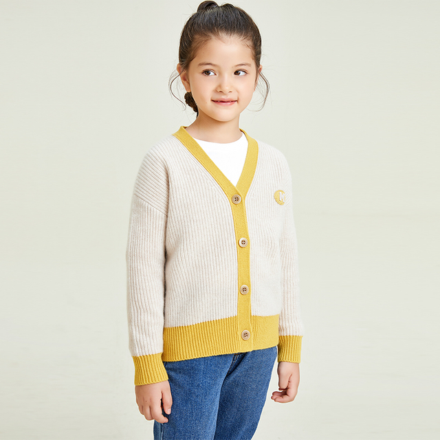 Yellow Contrast Stitching Knitting V-neck Long Sleeve Girls' Sweater Cardigan