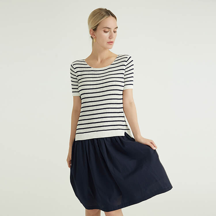 Spring Summer Stripe Design With Side Slit Hem Women's Knitted Sweaters Pullover