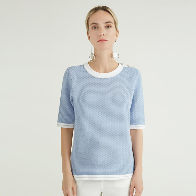Round Neck Half Sleeve Light Blue Knit Woolen Sweaters For Women