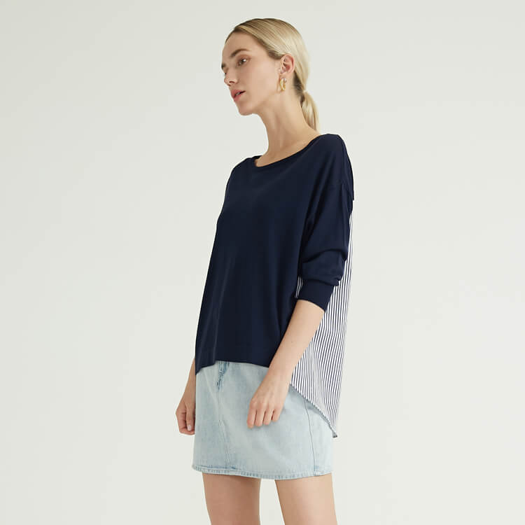 Blue Woven Striped Fabric Panel Design Knitted Pullover Sweater For Women