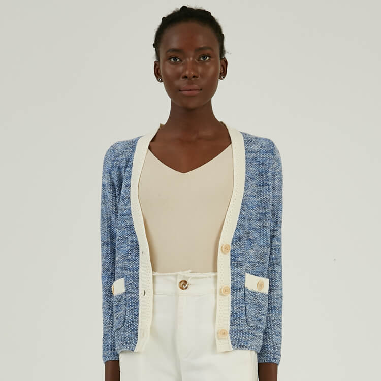 Custom 100% Cotton Button Up Cropped Tweed Knitted Cardigan jacket For Women