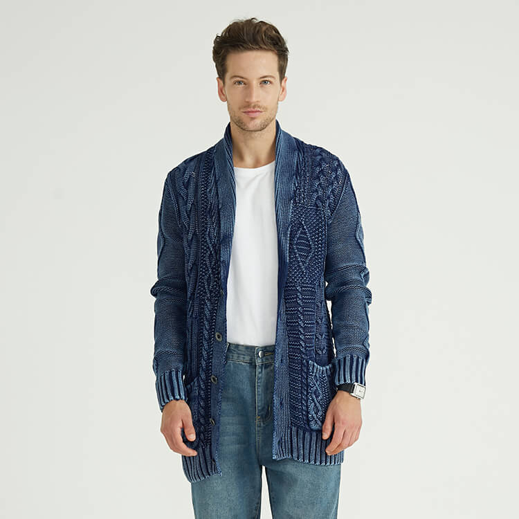 Custom Winter Chunky Mens Cable Knit Distressed Long Cardigan Coat