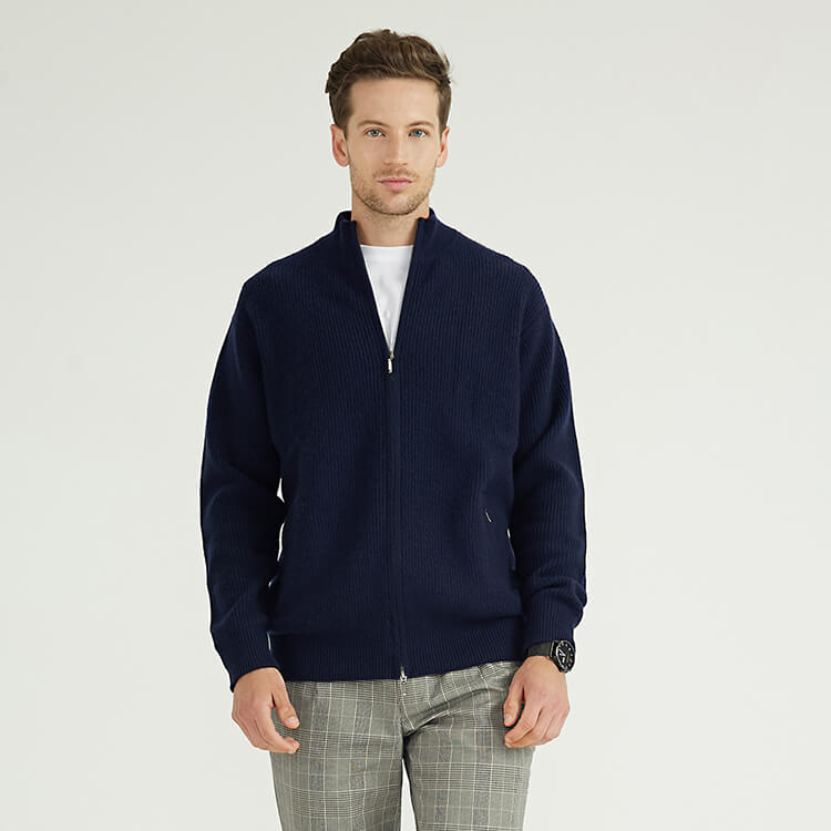 Custom Mens 100% Wool Full Zip Up Navy Blue Rib Knit Cardigan Jacket