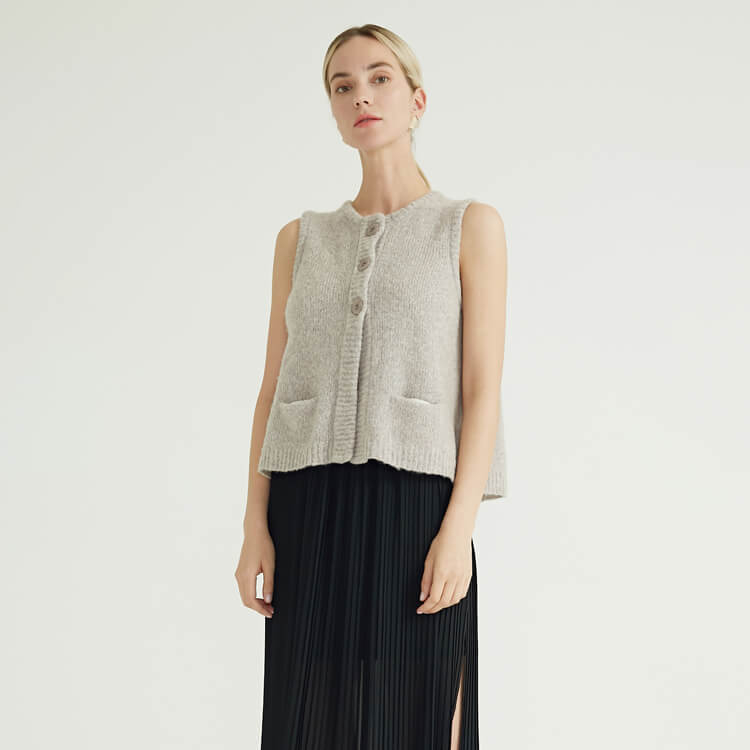 Ladies Waistcoat Stylish Grey Pocket Back Mohair Sweater Vest With A Double Lace-up