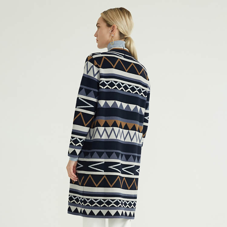 Autumn Winter Merino Wool Cashmere Lady's Cardigan Knitted Coat With Striped Design