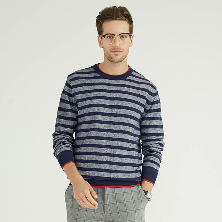 Striped Patchwork Round Neck Long Sleeves Knit Wool Pullover Sweater For Men