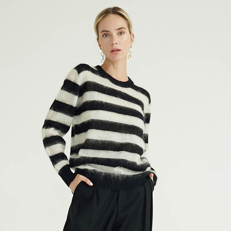 Long Sleeve Round Neck Crew Neck Casual Women's Knitted Custom Striped Mohair Sweater 