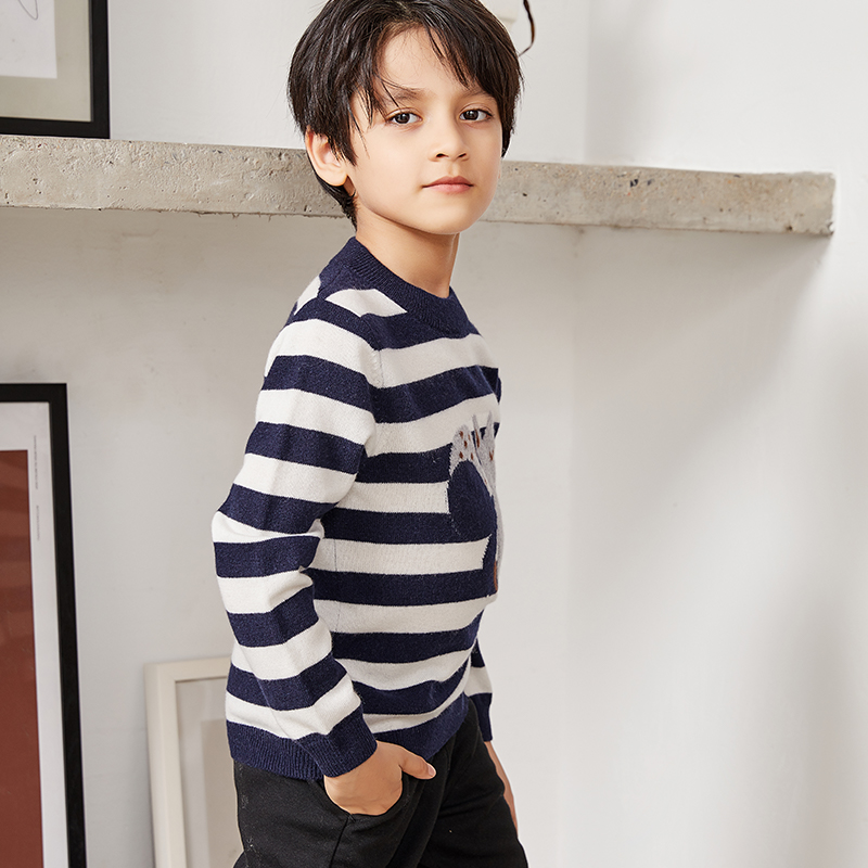 Striped Knit Squirrel Embellished Long Sleeve Pullover Boys Sweater