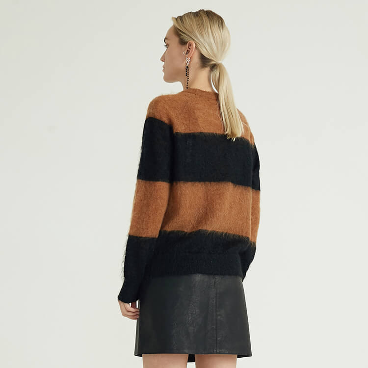 Mohair Knitted Long Sleeve Crew Neck Stripe Tops Women's Knitted Oversized Sweaters Women