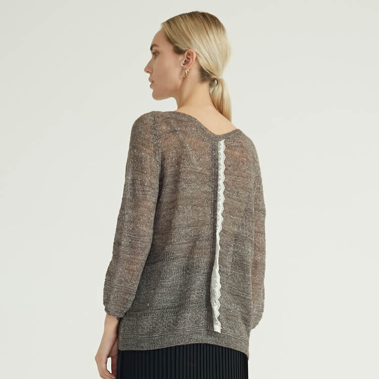 Spring And Summer Tulle Back Lace Design Knitted Sweater Pullover For Women