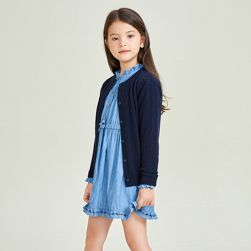 Blue Knitted Solid Button Girls' Coat Cardigan