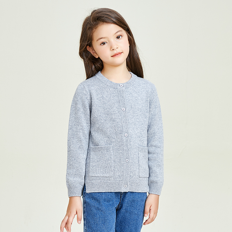 Classic Long Sleeve Round Neck Pocket Decorative Button Girls\' Knitting Cardigan