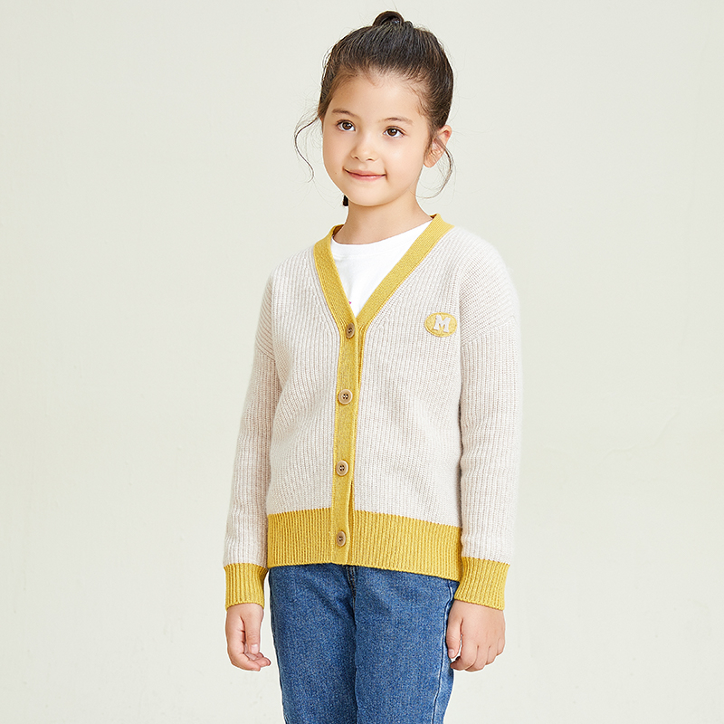 Yellow Contrast Stitching Knitting V-neck Long Sleeve Girls' Sweater Cardigan