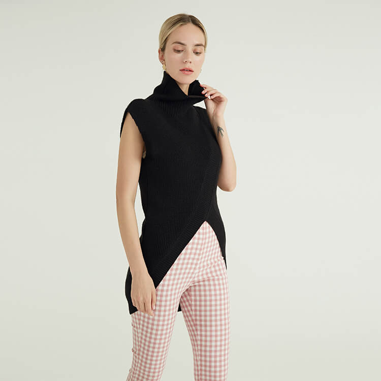 Black Sleeveless Solid Color Knitted Pullover Sweater Cashmere Jumper For Woman
