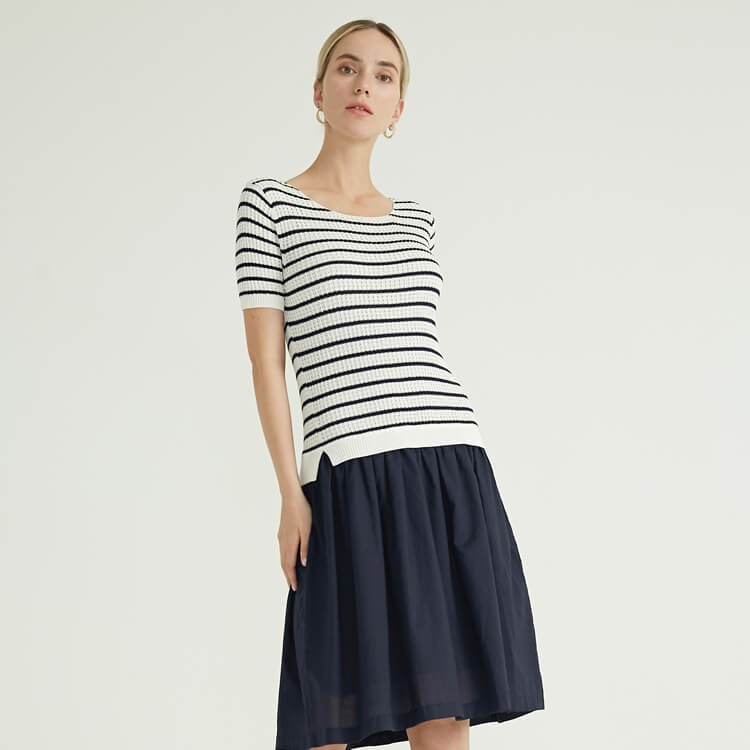 Spring Summer Stripe Design With Side Slit Hem Women's Knitted Sweaters Pullover