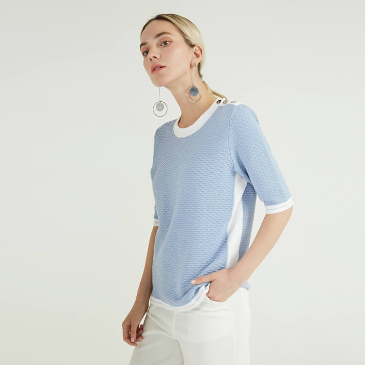 Round Neck Half Sleeve Light Blue Knit Woolen Sweaters For Women