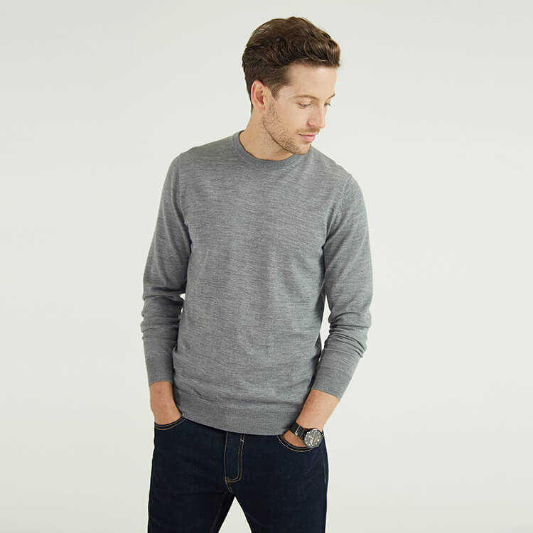 Custom Mens 100% Merino Wool Grey Crewneck Knitting Sweaters