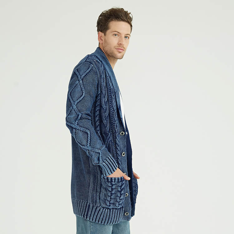 Custom Winter Chunky Mens Cable Knit Distressed Long Cardigan Coat