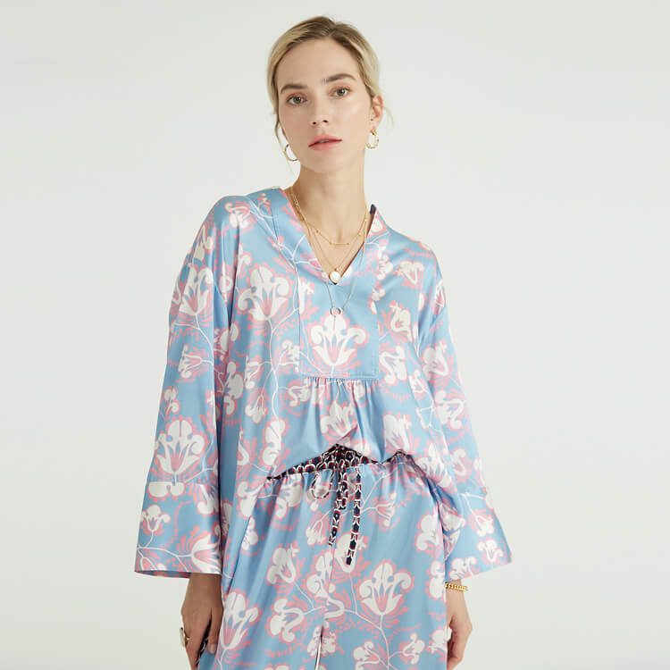 Flowers Light Blue Plus Size Summer 2022 Women Clothing Two Piece Set