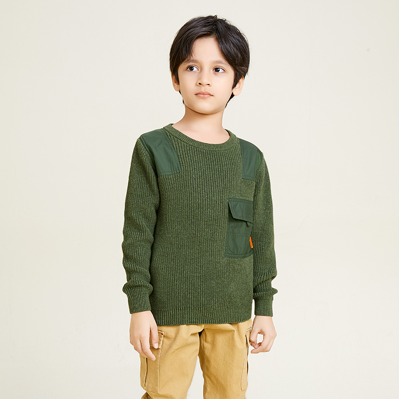 Boys Long Sleeve Crew Neck Knit Pullover Green Pocket Sweater