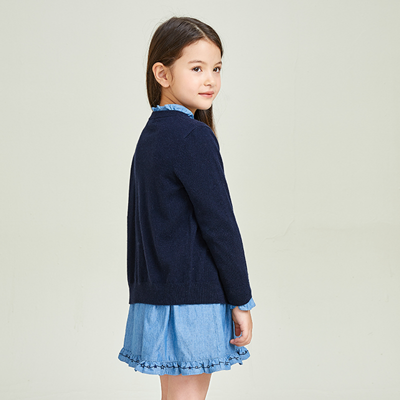 Blue Knitted Solid Button Girls\' Coat Cardigan