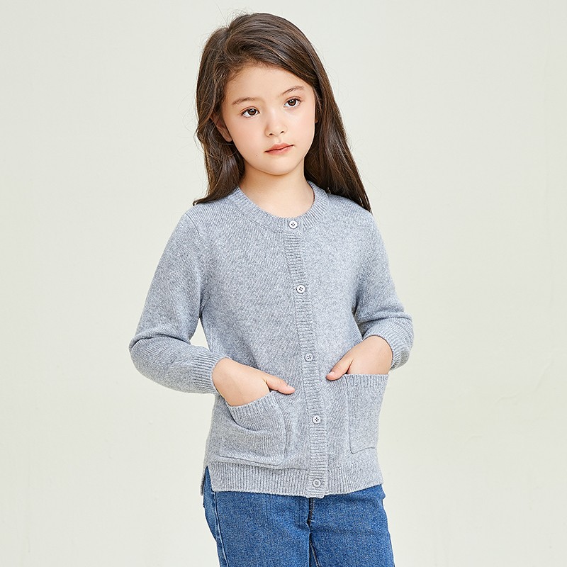 Classic Long Sleeve Round Neck Pocket Decorative Button Girls' Knitting Cardigan