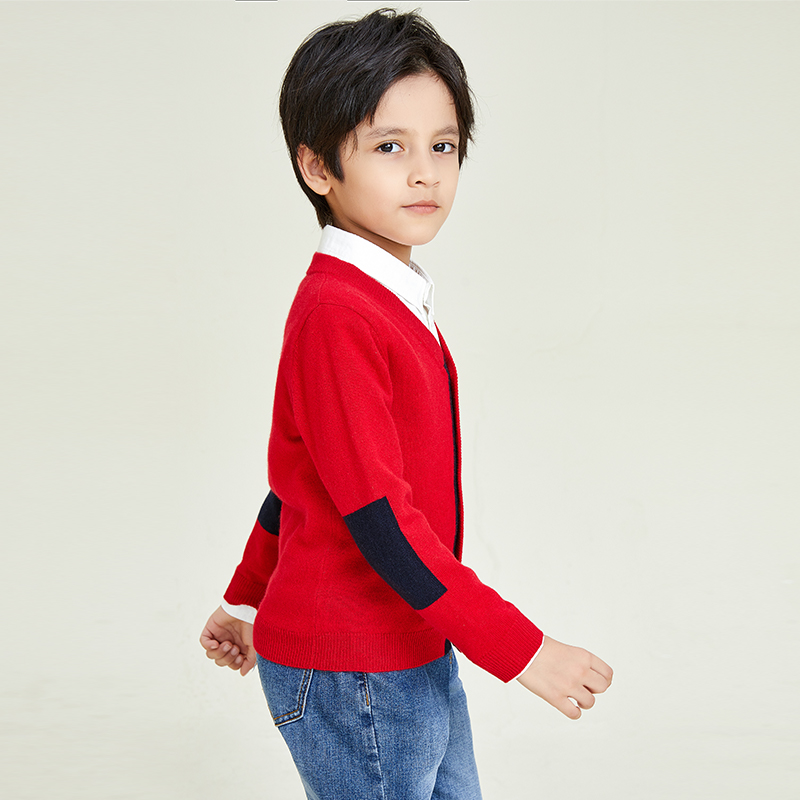 Classic Style Long Sleeve V-neck Knitted Red Button Boys Cardigan