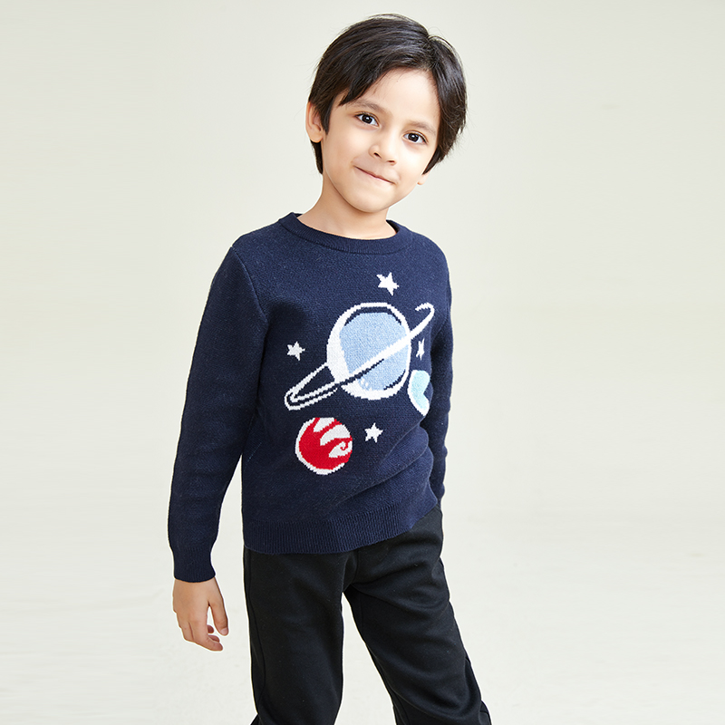 Round Neck Long Sleeve Knitting Simple Jacquard Pattern Boys Pullover Sweater