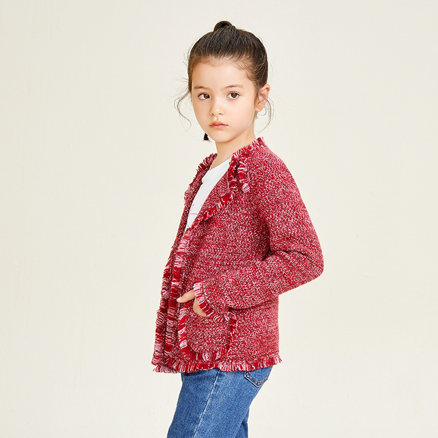 Little Fragrant Red Classic Design Long Sleeve Knitted Girls Cardigan