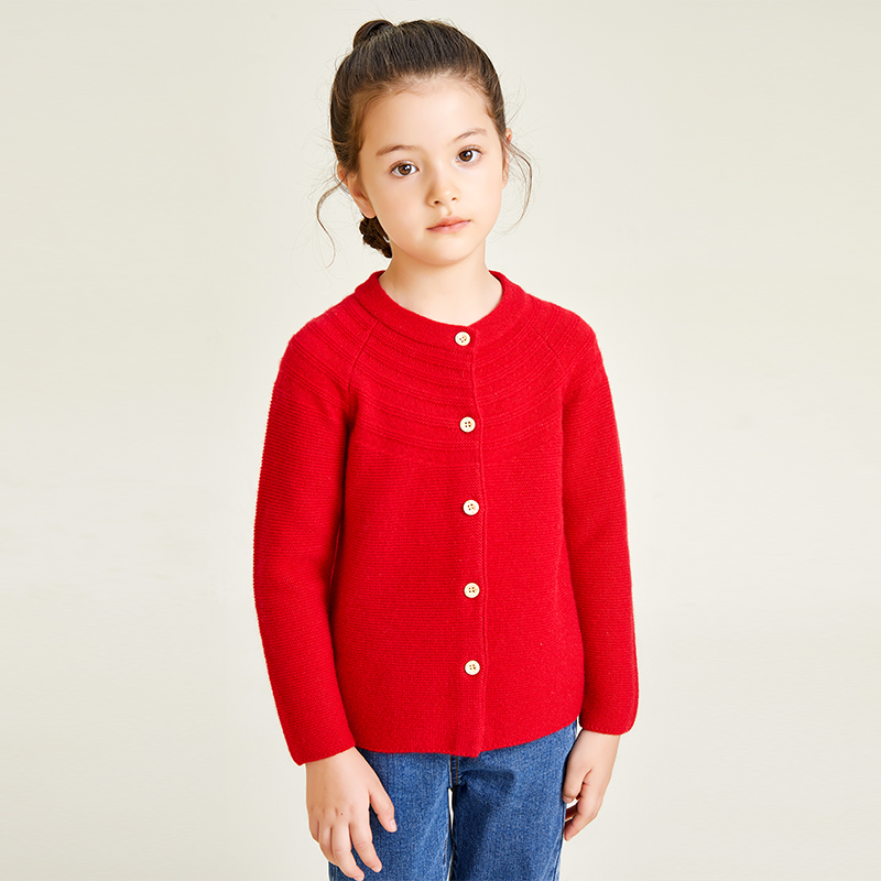 Red Knitted Long Sleeve Round Neck Button Decorative Girls' Cardigan