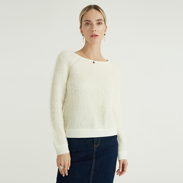 Solid Crew Neck Fashion Loose Casual Pullovers Mohair Crochet Sweater Women
