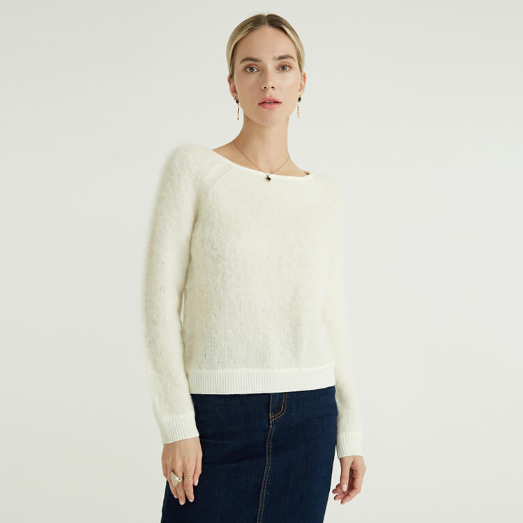 Solid Crew Neck Fashion Loose Casual Pullovers Mohair Crochet Sweater Women