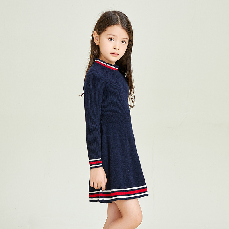 Medium Neck Knitting Stitching Stripe Decorative Design Girls\' Dress